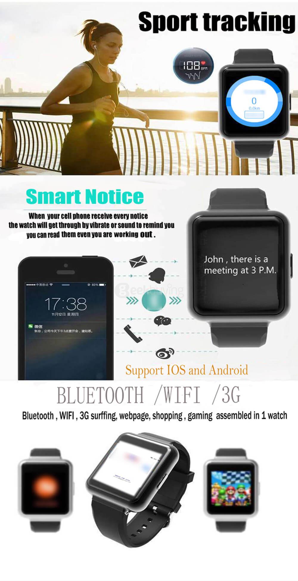 K1 3G Smart Watch Phone Android 5.1 MTK6580 Quad Core 1.3GHz 512MB/8GB Bluetooth WiFi GPS Heart Rate Monitor for Android iOS - Black