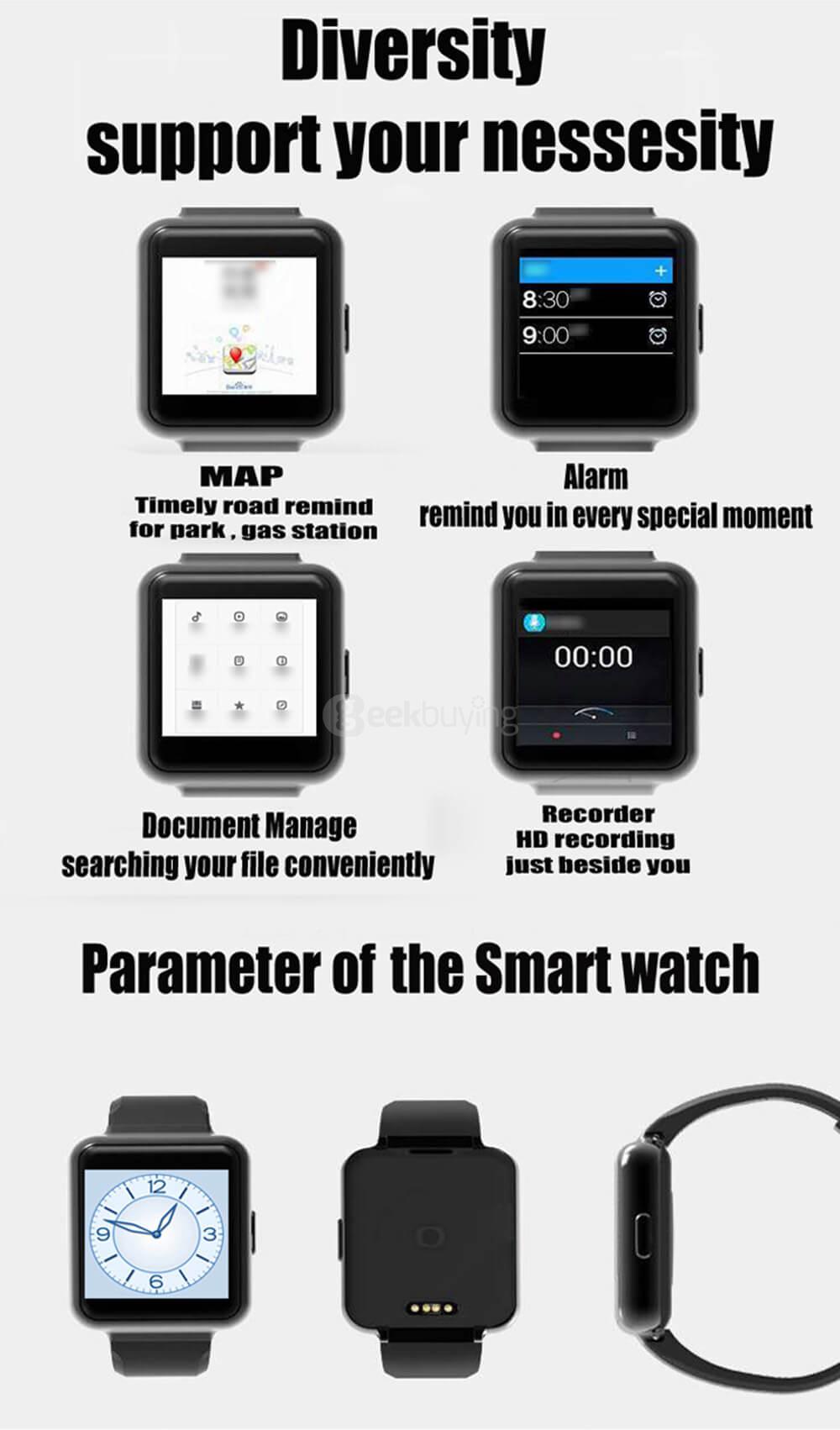 K1 3G Smart Watch Phone Android 5.1 MTK6580 Quad Core 1.3GHz 512MB/8GB Bluetooth WiFi GPS Heart Rate Monitor for Android iOS - Black