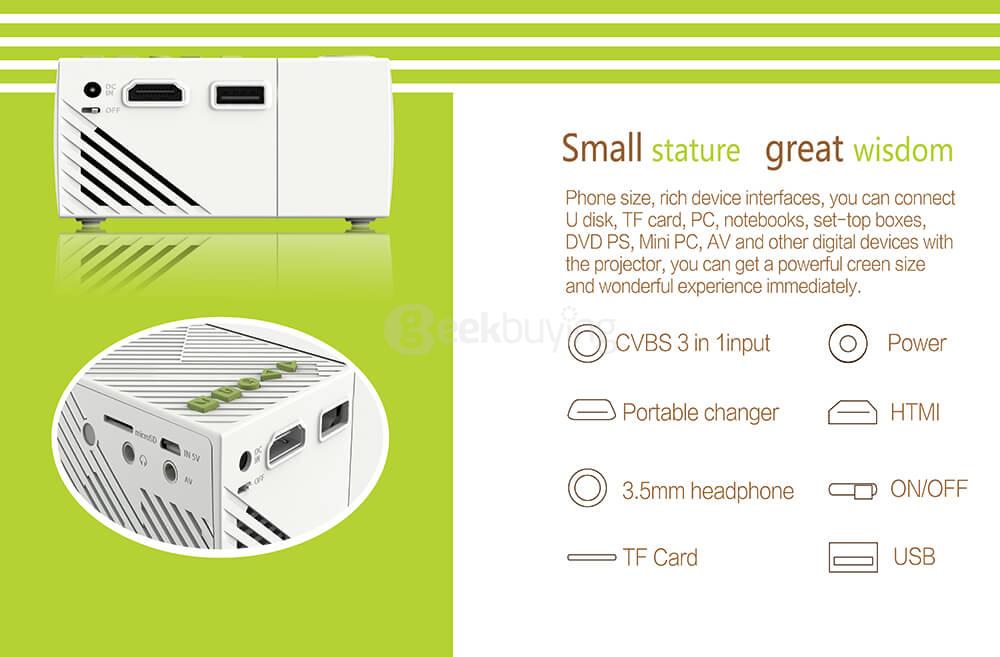 YG-310 Portable Mini LCD Projector 800 Lumens 320*240 Pixels Support 1080P HDMI / USB / AV Connectivity Built-in 1300mAh Battery - White