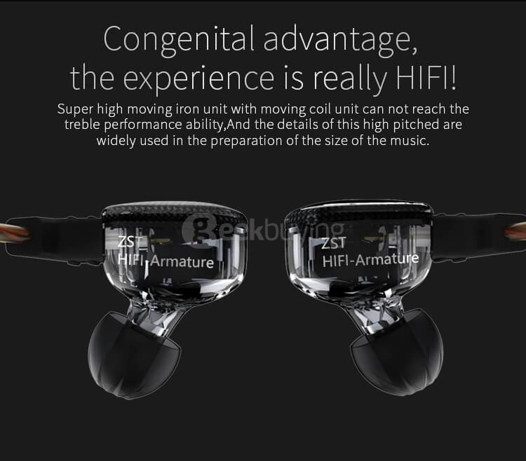 Original KZ ZST Dynamic HiFi Bass Music Sport In-Ear Earphones with MIC Hybrid Driver - Black