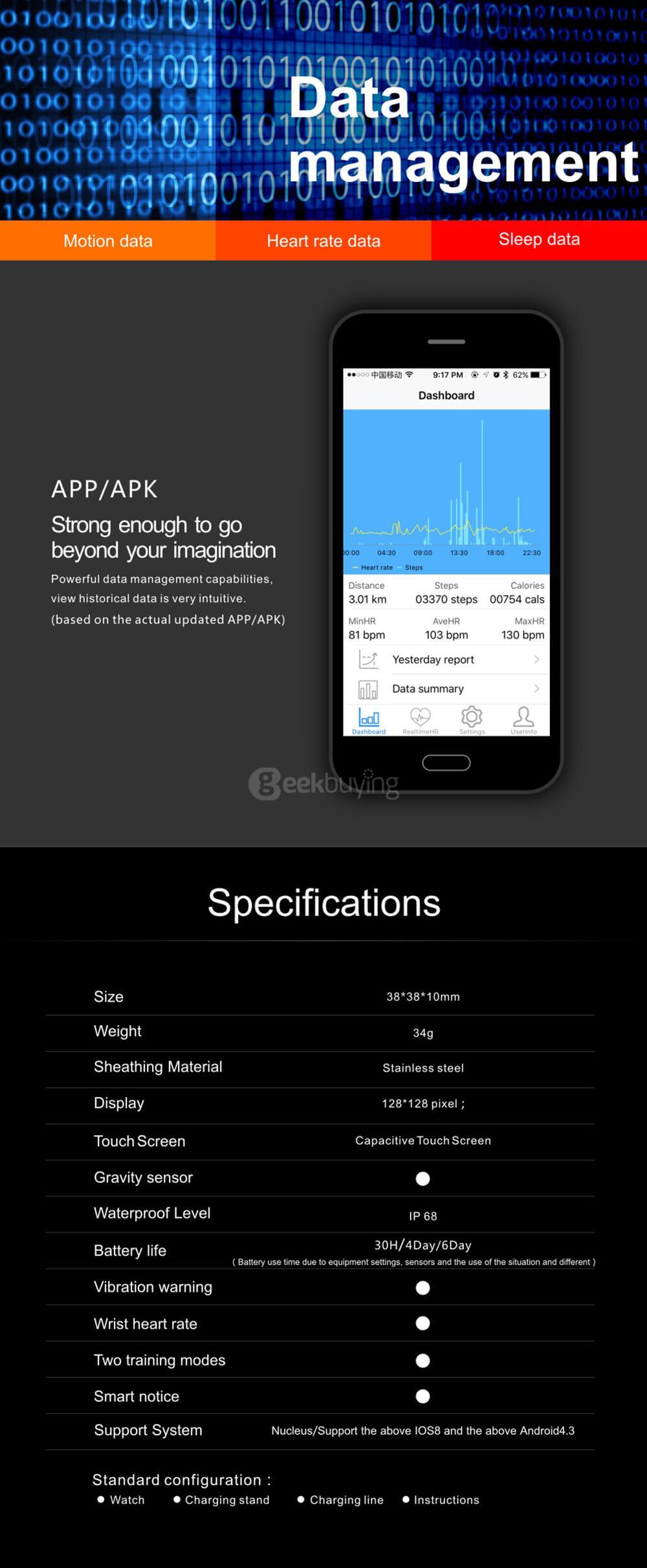 Makibes F69 Pro Sports Smart Watch IP68 Waterproof Swimming Mode Heart Rate Tracker Sleep Monitor Pedometer Call/SMS Reminder for Android iOS - Black