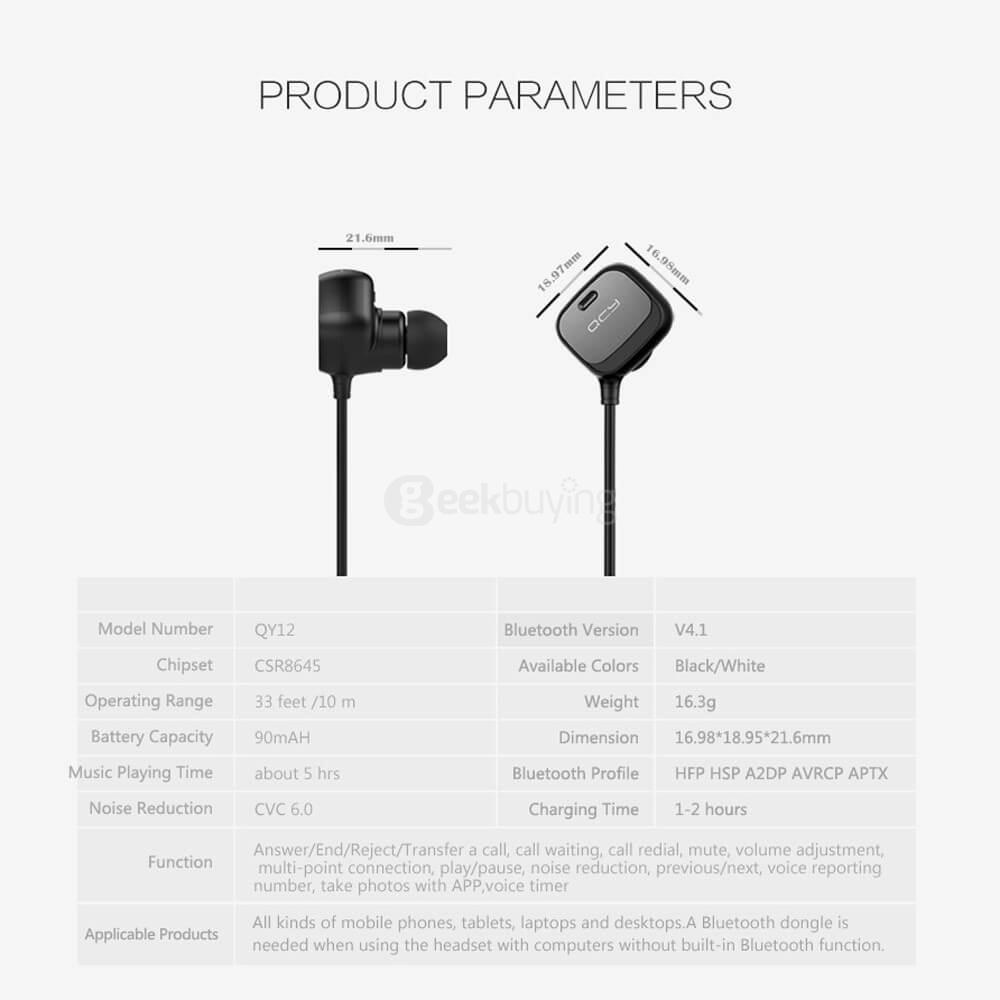 QCY QY12 Bluetooth 4.1 In-ear Earbuds with Mic Smart Magnet Adsorption Function / CVC6.0 Noise Cancelling - White