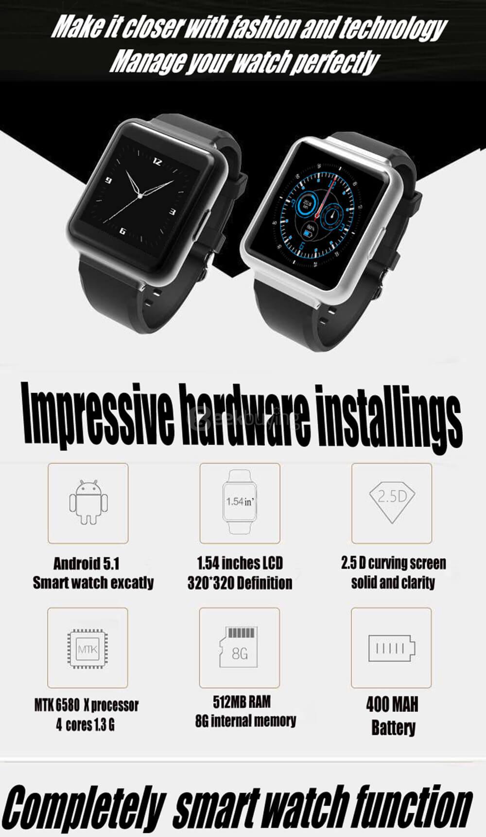 K1 3G Smart Watch Phone Android 5.1 MTK6580 Quad Core 1.3GHz 512MB/8GB Bluetooth WiFi GPS Heart Rate Monitor for Android iOS - Black