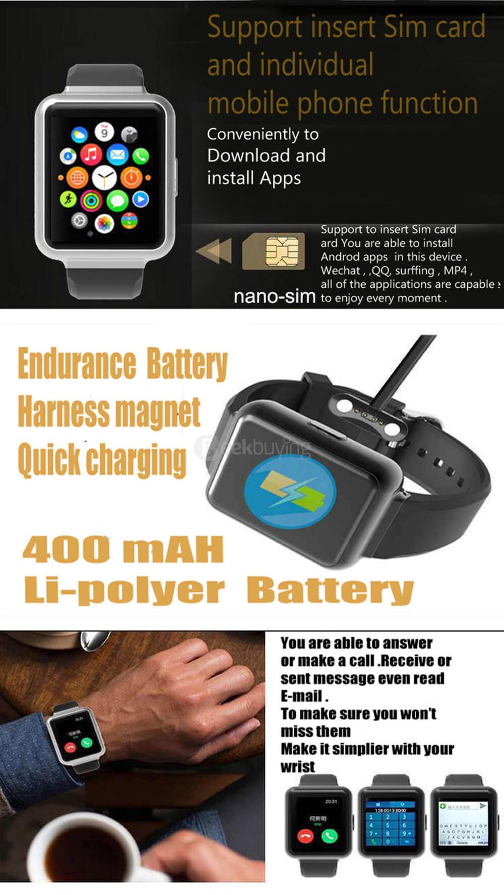 K1 3G Smart Watch Phone Android 5.1 MTK6580 Quad Core 1.3GHz 512MB/8GB Bluetooth WiFi GPS Heart Rate Monitor for Android iOS - Black
