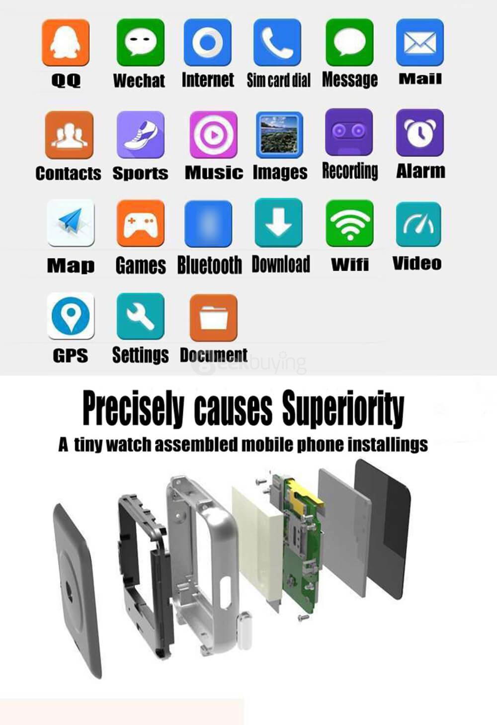 K1 3G Smart Watch Phone Android 5.1 MTK6580 Quad Core 1.3GHz 512MB/8GB Bluetooth WiFi GPS Heart Rate Monitor for Android iOS - Black