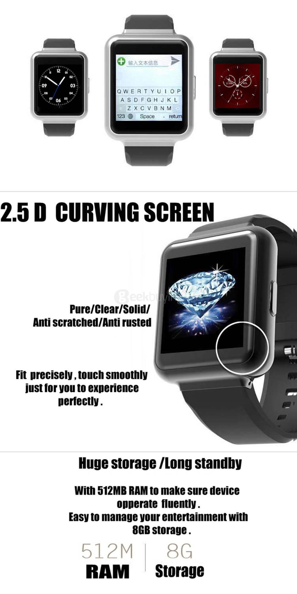 K1 3G Smart Watch Phone Android 5.1 MTK6580 Quad Core 1.3GHz 512MB/8GB Bluetooth WiFi GPS Heart Rate Monitor for Android iOS - Black