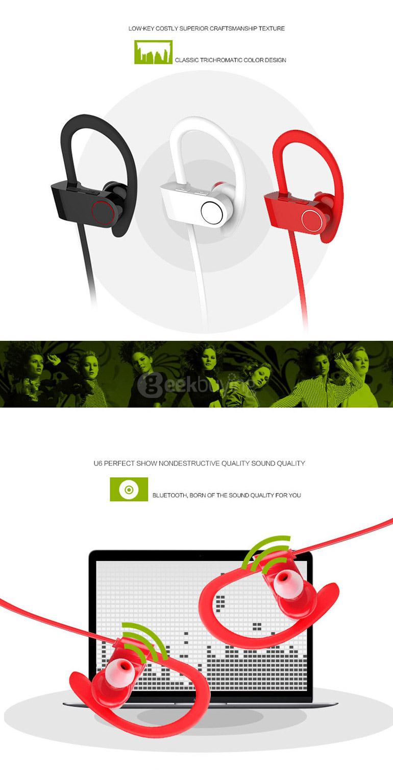 U8 Wireless Bluetooth 4.1 HiFi Music Sport In-ear Earbuds CVC6.0 Noise Cancelling - Black