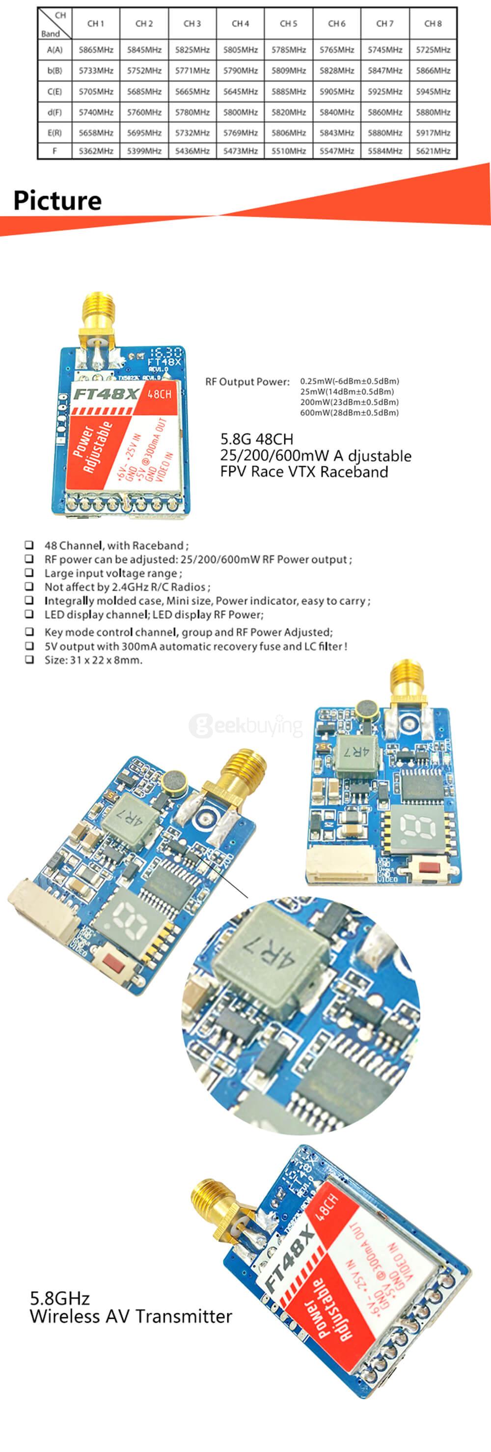 FT48X 5.8G 48CH 0.25/25/200/600mW Adjustable Video Transmitter FPV Racer VTX Raceband
