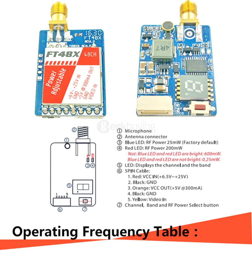 FT48X 5.8G 48CH 0.25/25/200/600mW Adjustable Video Transmitter FPV Racer VTX Raceband