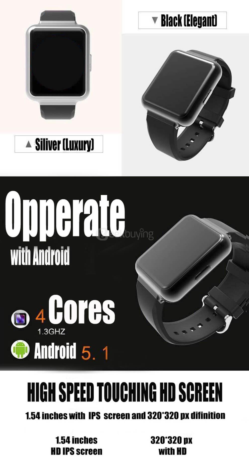 K1 3G Smart Watch Phone Android 5.1 MTK6580 Quad Core 1.3GHz 512MB/8GB Bluetooth WiFi GPS Heart Rate Monitor for Android iOS - Black