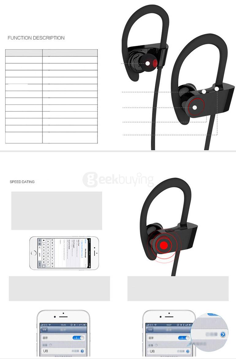 U8 Wireless Bluetooth 4.1 HiFi Music Sport In-ear Earbuds CVC6.0 Noise Cancelling - Black
