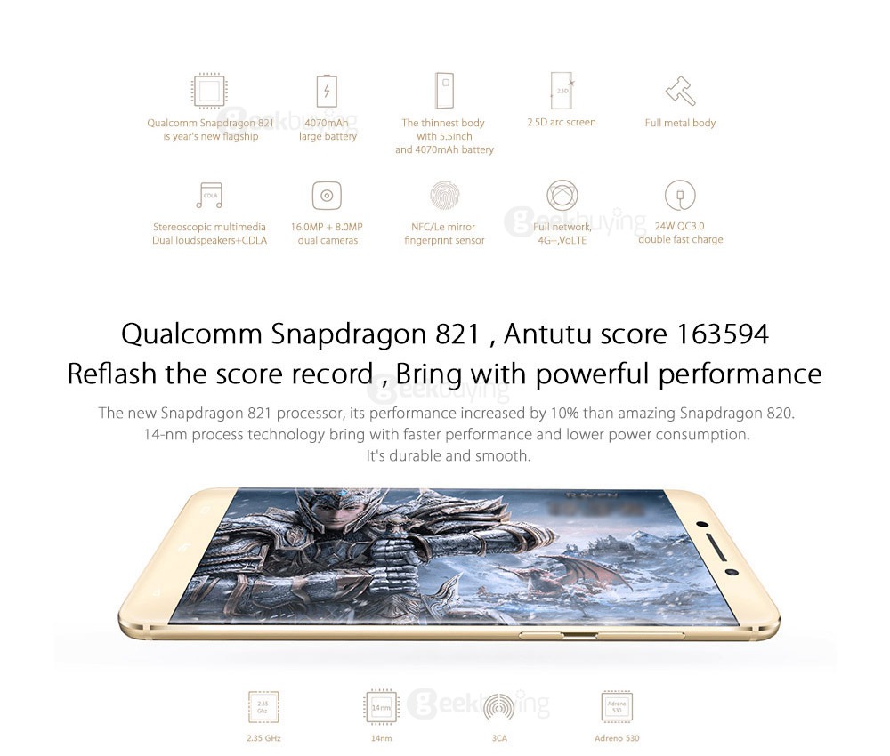 LeTV LeEco Le Pro3/X720 4GB RAM 64GB ROM 5.5inch FHD Android 6.0 Smartphone Qualcomm Snapdragon 821 Quad Core 8.0MP 16.0MP NFC Touch ID VoLTE - Gold
