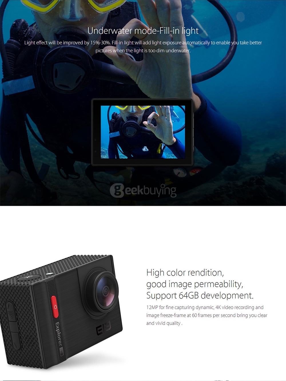 Elephone Explorer Pro 2.0inch TFT 4K 12MP NTK96660 WiFi Action Camera with 170 / 120 / 90 Wide Angles Voice Broadcast Sports Camera with 2.4G Remote Controller - Black
