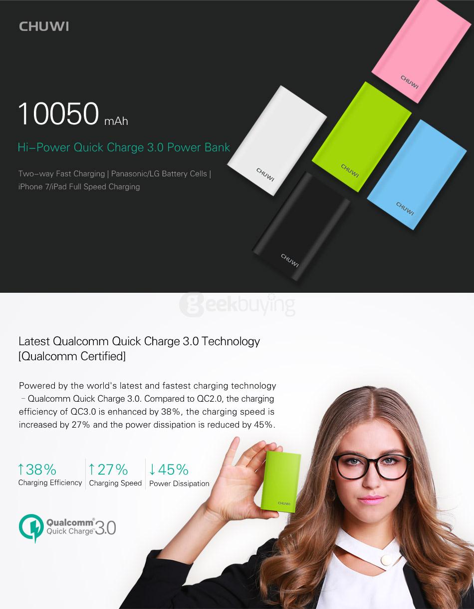 CHUWI M-10000 10050mAh Portable Power Bank Qualcomm Certification Quick Charge 3.0 - White