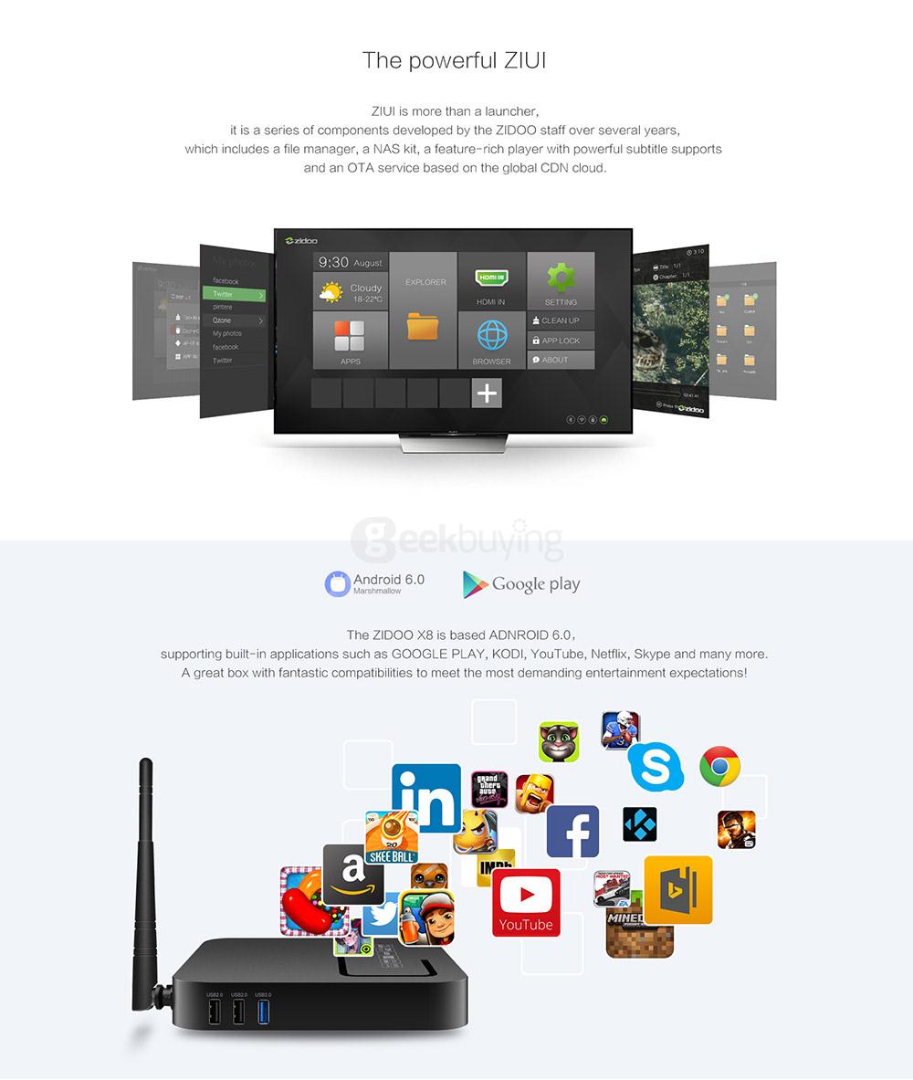 ZIDOO X8 Realtek RTD1295 Android 6.0 OpenWRT(NAS)TV BOX 2G/8G AC WIFI 1000M LAN USB3.0 HDMI2.0 HDR Bluetooth