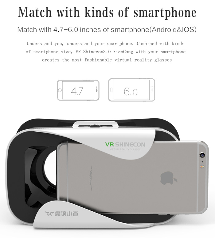 VR SHINECON FOV90 IPD Adjustable 3D VR Virtual Reality Headset for 4.7-6 inches Smartphones - White
