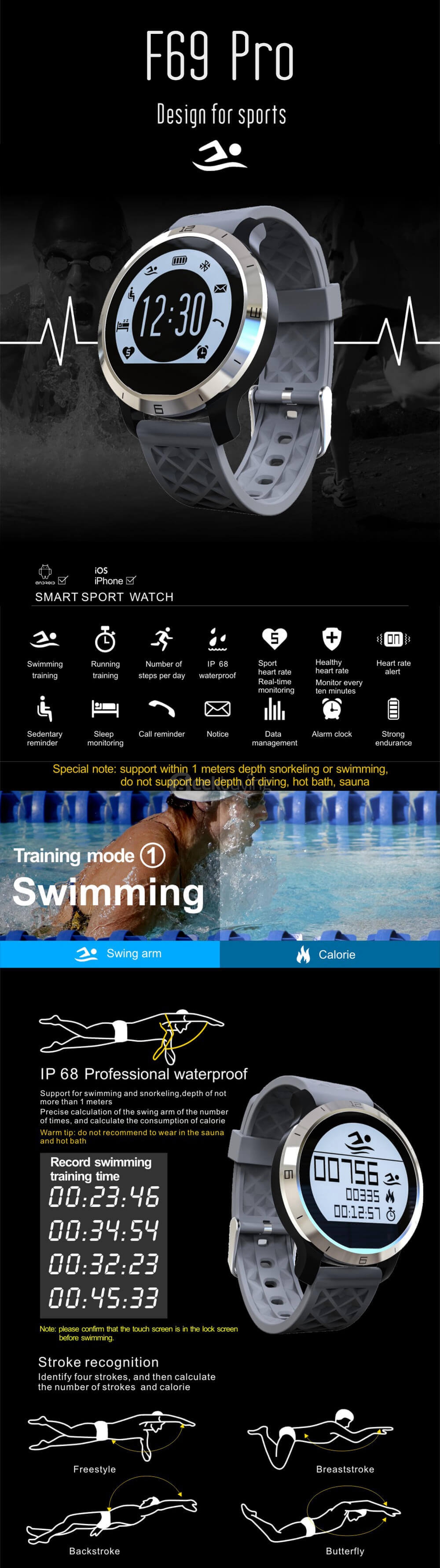 Makibes F69 Pro Sports Smart Watch IP68 Waterproof Swimming Mode Heart Rate Tracker Sleep Monitor Pedometer Call/SMS Reminder for Android iOS - Black