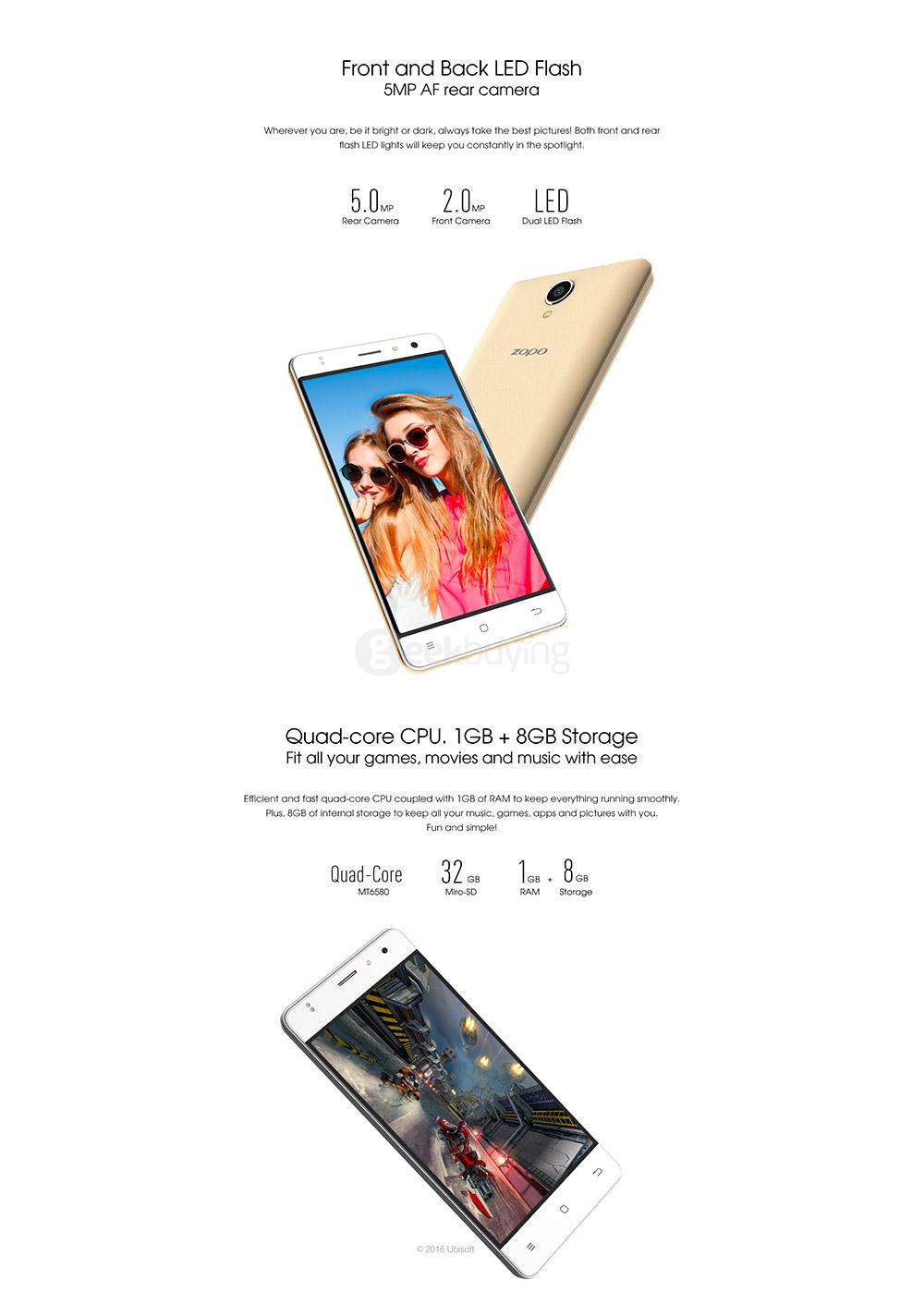 ZOPO C2 5.0inch HD 2.5D Curved Screen Android 6.0 3G Smartphone MT6580 Quad Core 1.3GHz 1GB RAM 8GB ROM 2.0MP 5.0MP OTG - Blue