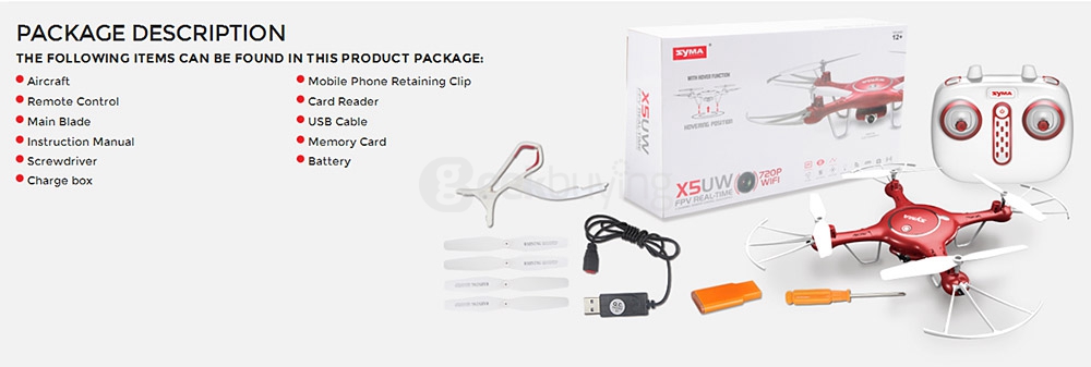 SYMA X5UW WIFI FPV With 720P HD Camera Altitude Hold Mode 2.4G 4CH 6-Axis Gyro RC Quadcopter RTF - Red