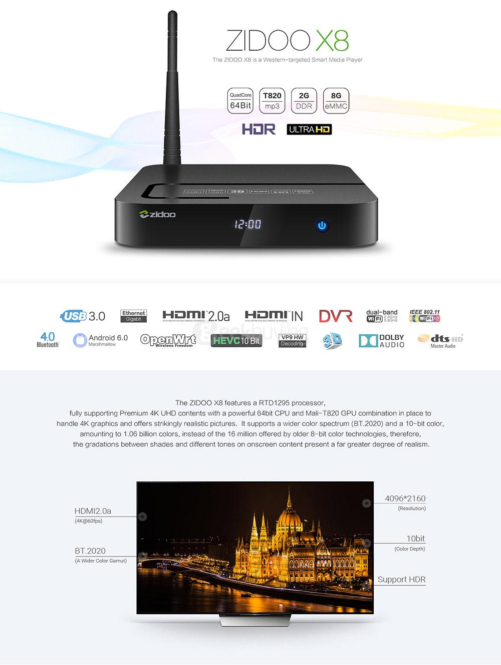 ZIDOO X8 Realtek RTD1295 Android 6.0 OpenWRT(NAS)TV BOX 2G/8G AC WIFI 1000M LAN USB3.0 HDMI2.0 HDR Bluetooth