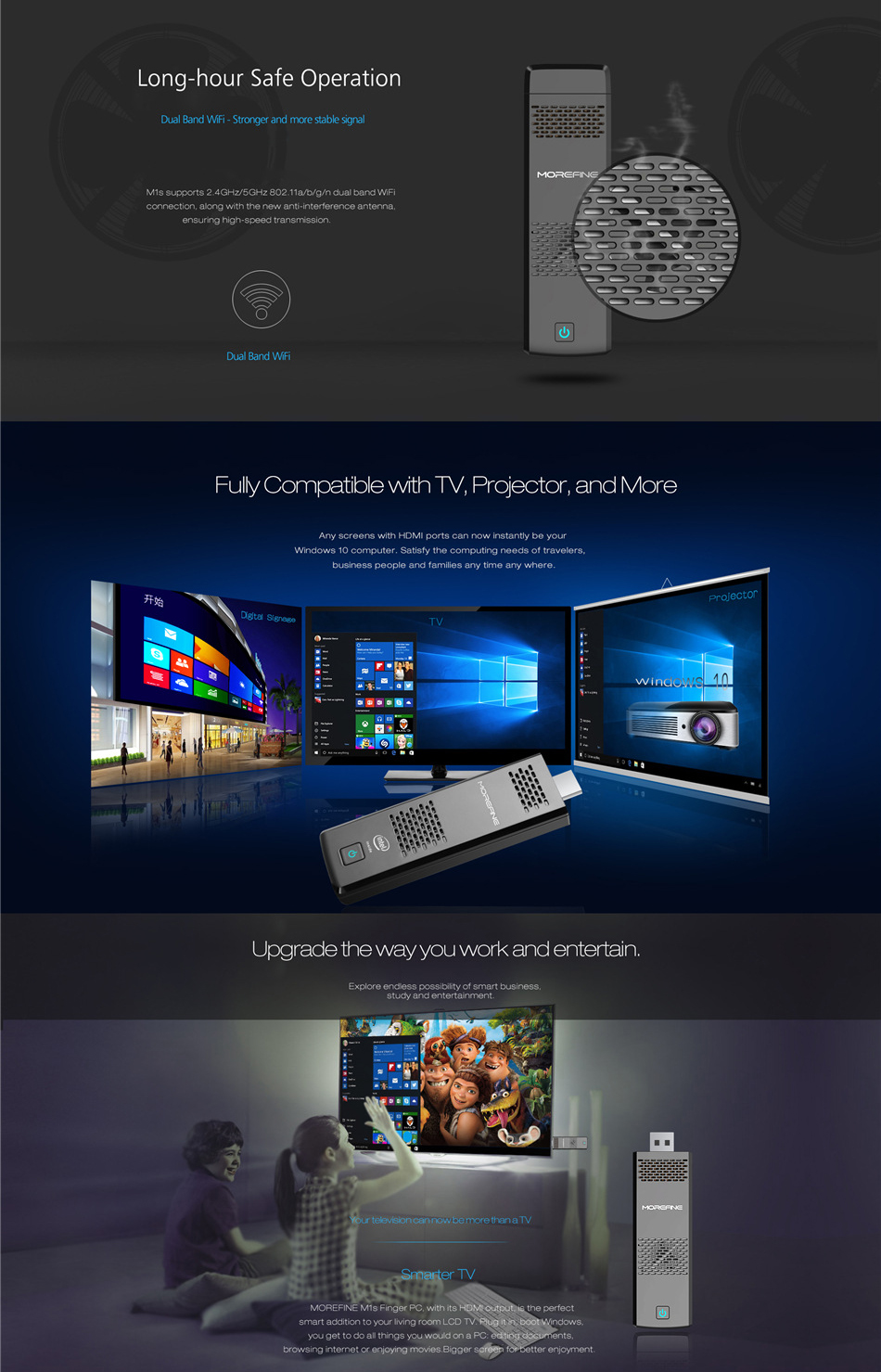 Morefine M1S Intel Z8350 Windows TV Dongle 4G/64G 802.11ac WIFI Bluetooth 4.0 USB3.0