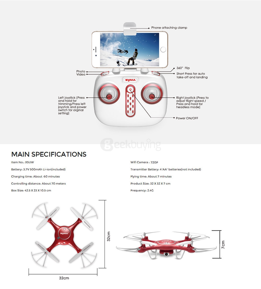 SYMA X5UW WIFI FPV With 720P HD Camera Altitude Hold Mode 2.4G 4CH 6-Axis Gyro RC Quadcopter RTF - Red