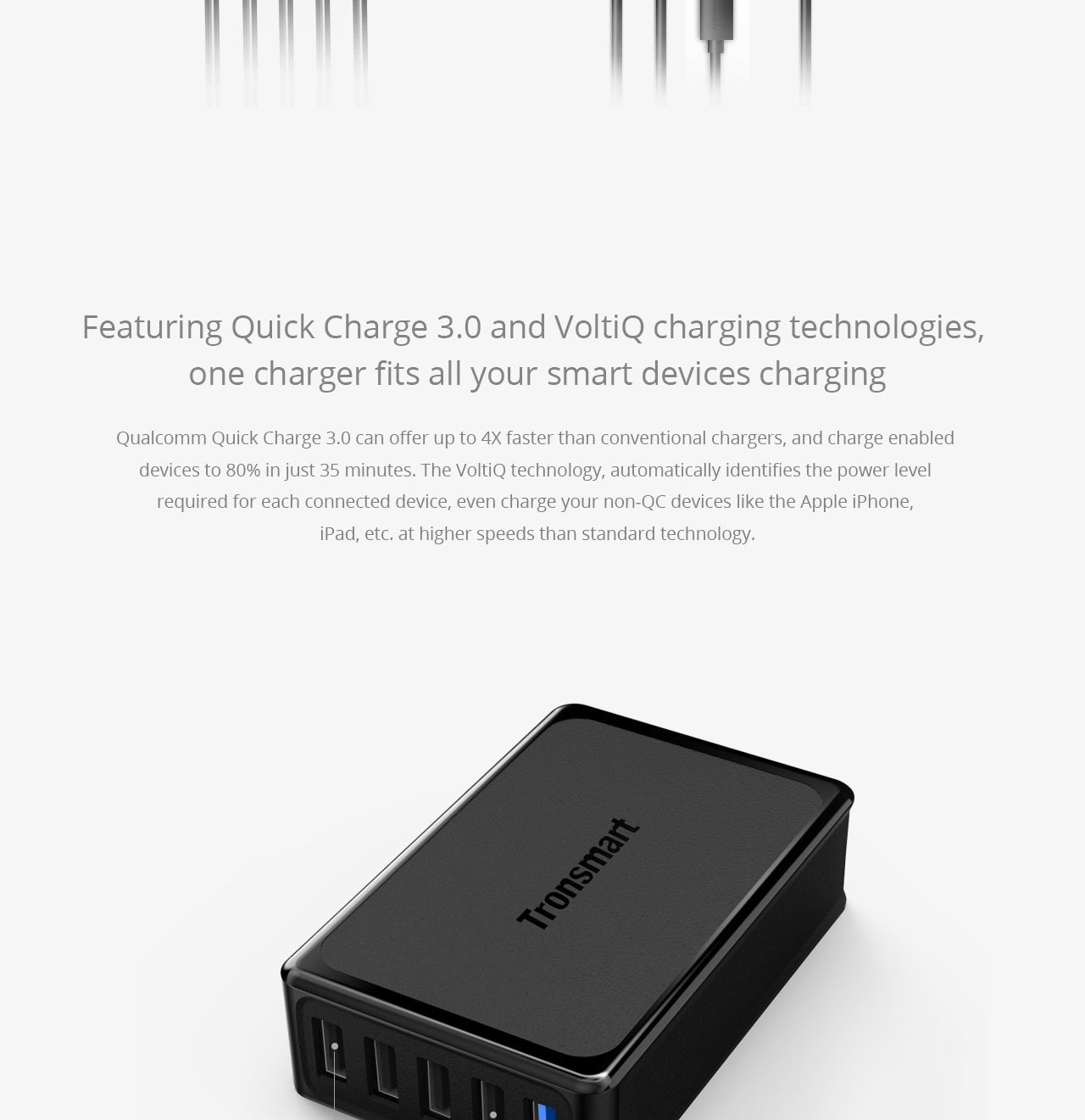 Tronsmart Quick Charge 3.0 USB Charger 1 Quick Charge Port and 4 VoltIQ Ports 54W for Quick Charge 3.0 and Quick Charge 2.0 Compatible Devices - US Plug