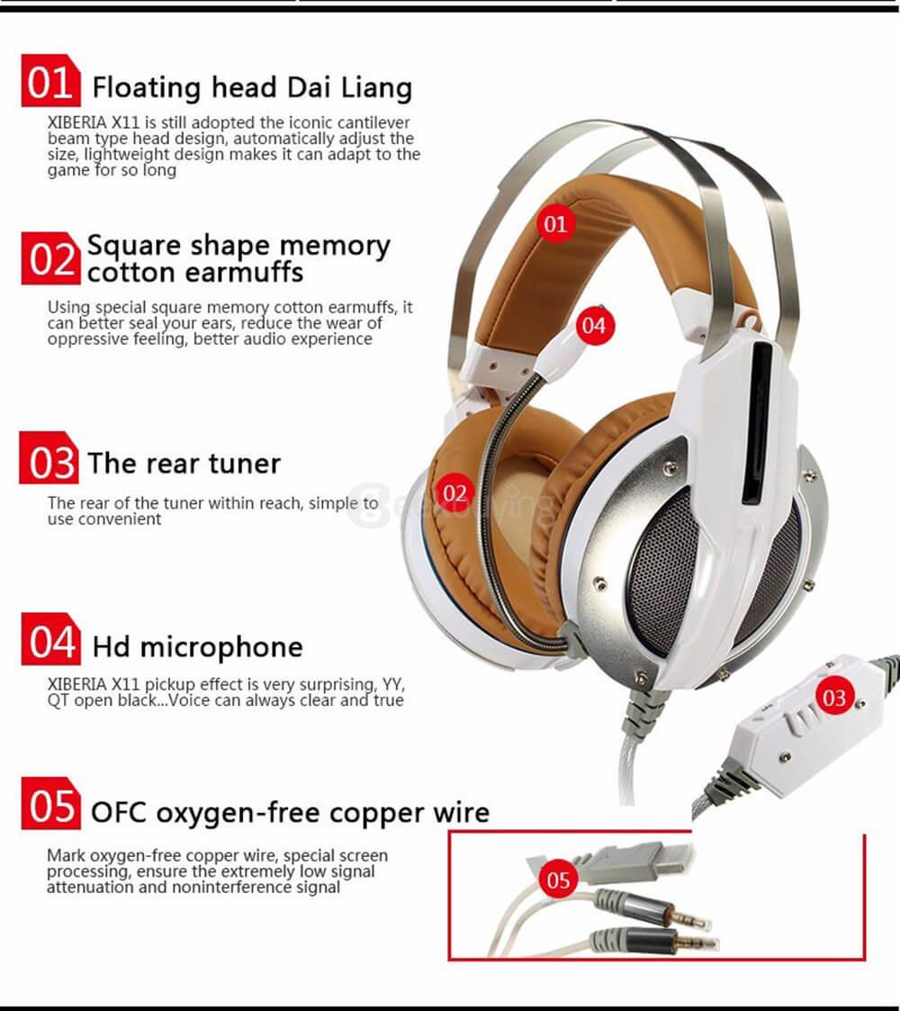 Xiberia X11 Over-ear USB LED Gaming Headsets with Microphone Super Bass 3.5mm Plug - White