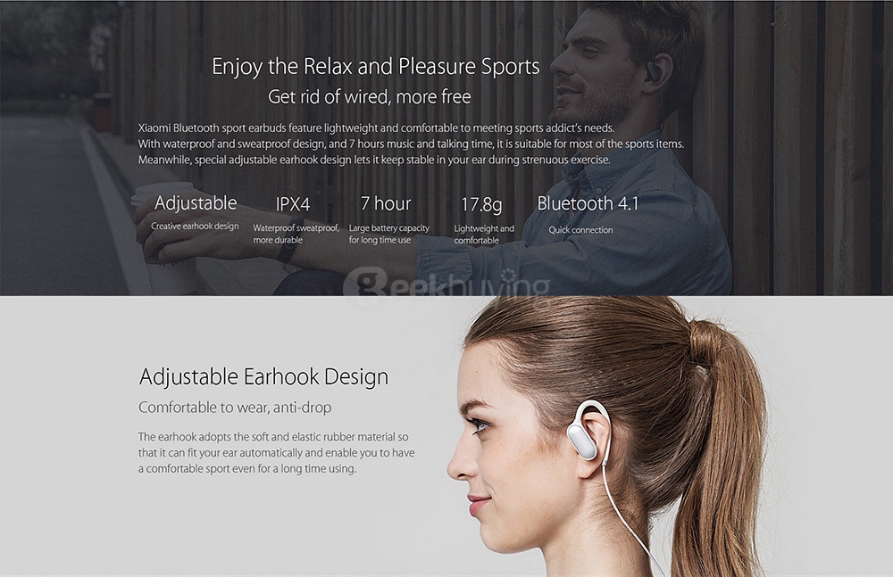 Original Xiaomi Wireless Bluetooth 4.1 Music Sport Earbuds Ear-hook Design IPX4 Waterproof Wired Control - Black