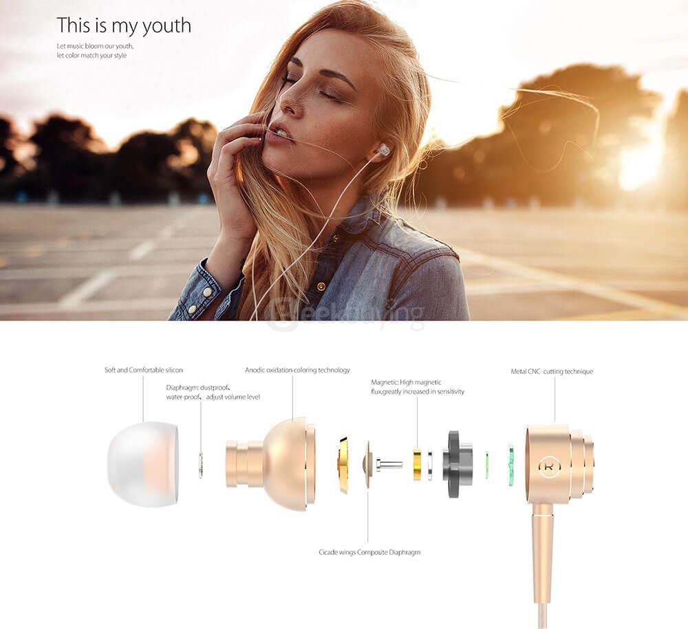 Elephone E1 In-ear HiFi Music Earphones In-line Control Noise Reduction Super Bass Ergonomic Design - Gold