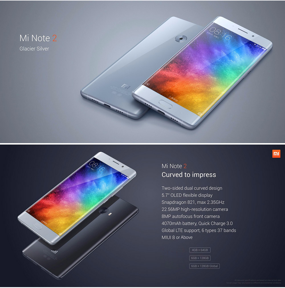 Xiaomi Note 2 5.7inch OLED Curved FHD Screen Android 6.0 OS 4G+ LTE Smartphone Qualcomm Snapdragon 821 4GB 64GB 22.56MP Touch ID NFC 3D Glass Cover - Jet Black