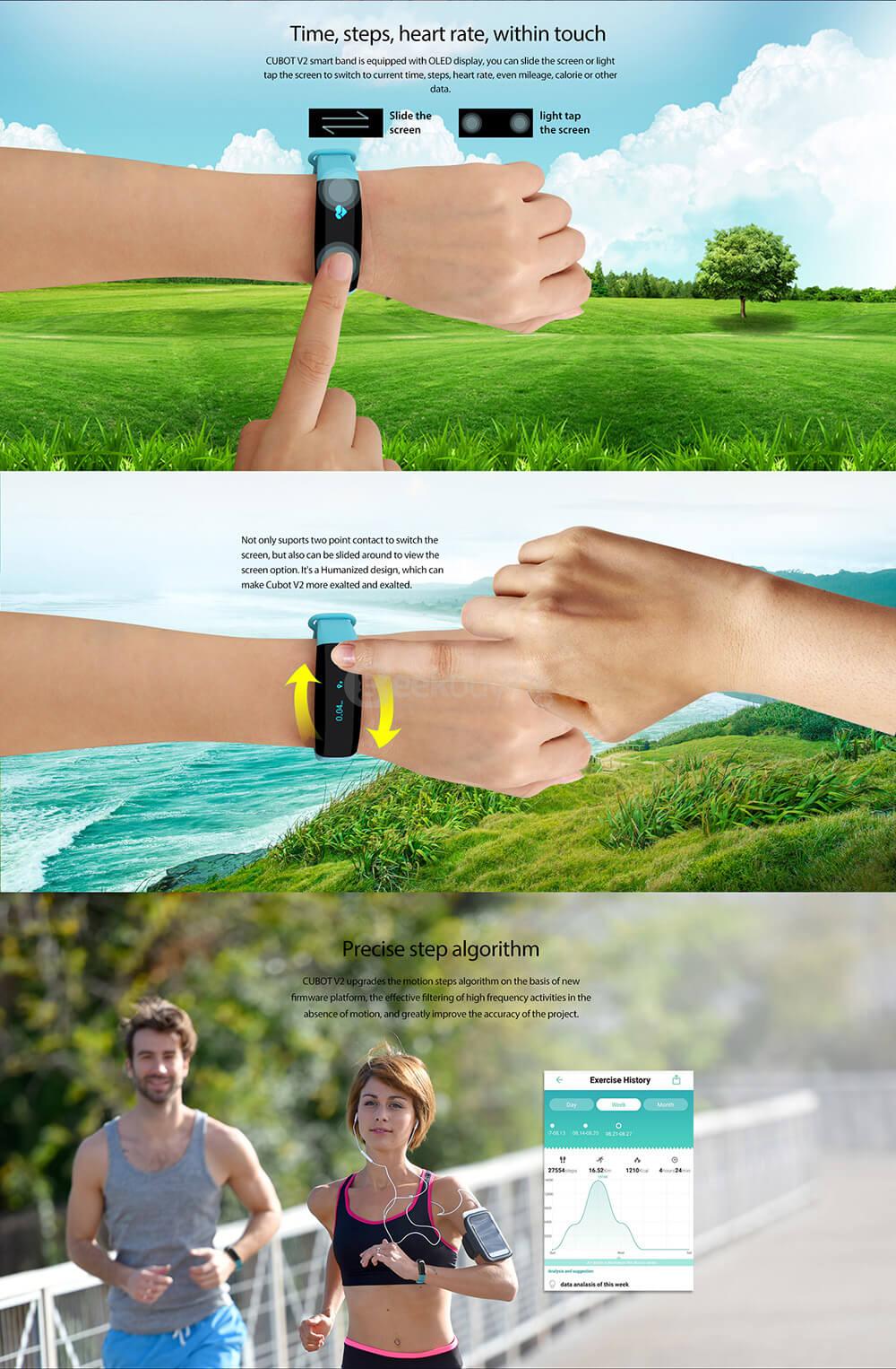 CUBOT V2 Heart Rate Monitor Smart Wristband Real-time GPS Intelligent Reminder Remote Camera IP65 Waterproof For iOS Android - Blue