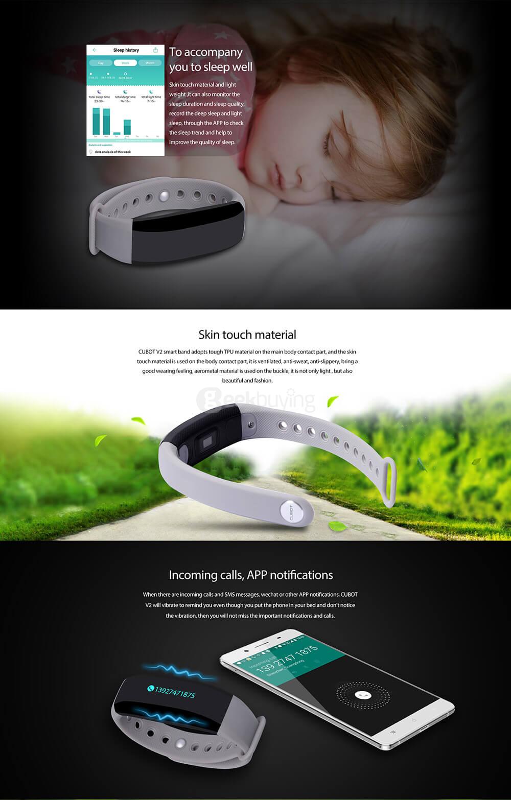 CUBOT V2 Heart Rate Monitor Smart Wristband Real-time GPS Intelligent Reminder Remote Camera IP65 Waterproof For iOS Android - Black