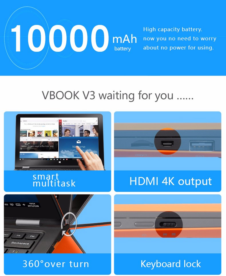 Voyo VBook V3 Ultrabook 13.3 inch Dual OS Windows 10 + Android5.1 4GB/64GB Intel Atom X5 Z8350 Quad Core 1.92GHz IPS 1920*1080 - Orange