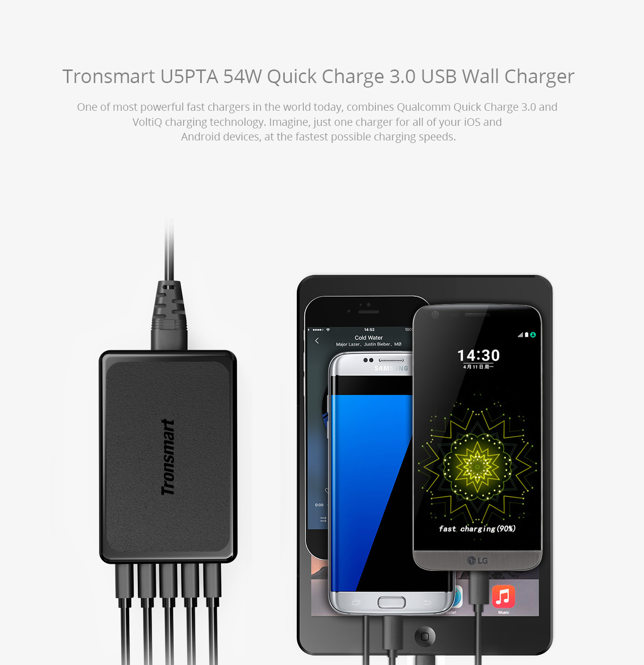Tronsmart Quick Charge 3.0 USB Charger 1 Quick Charge Port and 4 VoltIQ Ports 54W for Quick Charge 3.0 and Quick Charge 2.0 Compatible Devices - US Plug