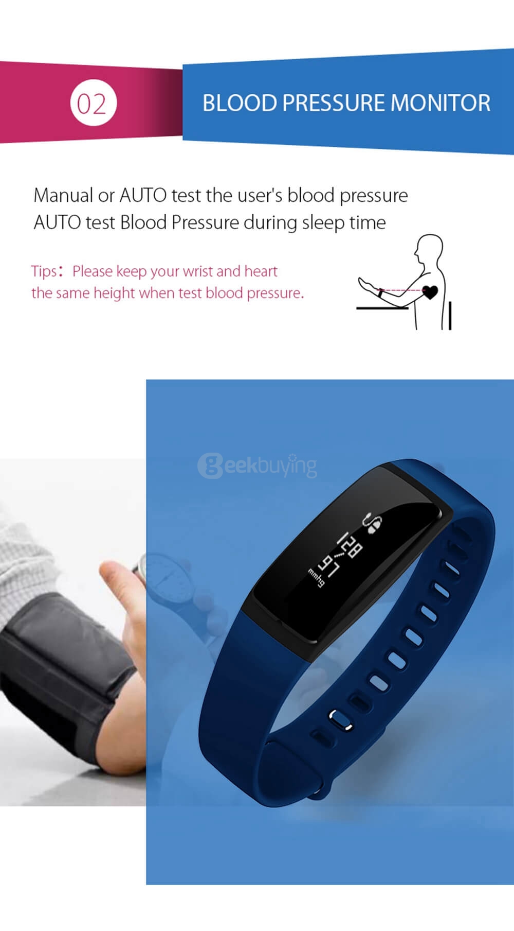 V07 Bluetooth 4.0 Heart Rate / Blood Pressure Monitor Smart Bracelet Arrhythmia Alert Health Tracker IP67 Waterproof For iOS Android - Blue