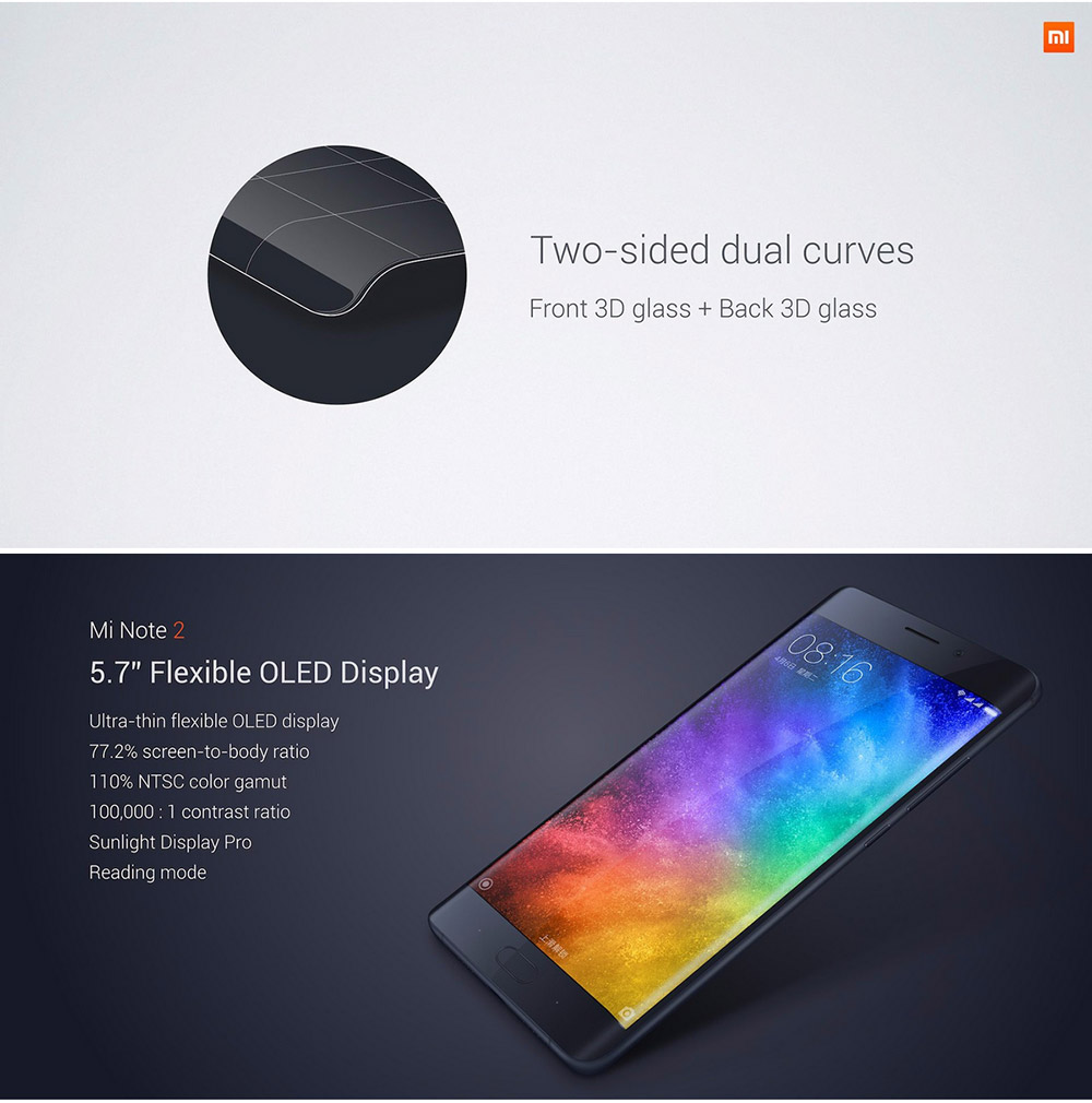 Xiaomi Note 2 5.7inch OLED Curved FHD Screen Android 6.0 OS 4G+ LTE Smartphone Qualcomm Snapdragon 821 6GB 128GB 22.56MP Touch ID NFC 3D Glass Cover - Jet Black