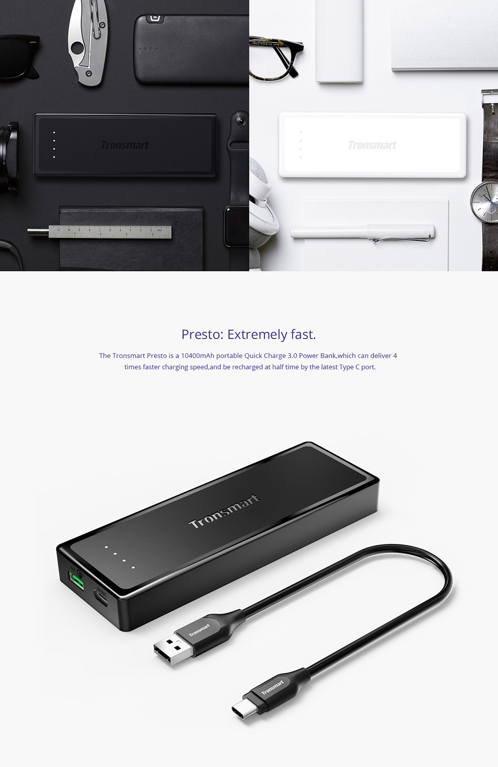 Bundle Tronsmart Presto 33W Quick Charge 3.0 Type C 10400mAh Power Bank + Tronsmart 36W Quick Charge 2.0 2 Ports Rapid Wall Charger US Plug