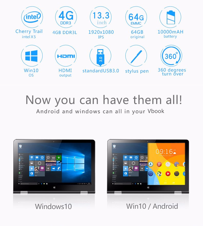 Voyo VBook V3 Ultrabook 13.3 inch Dual OS Windows 10 + Android5.1 4GB/64GB Intel Atom X5 Z8350 Quad Core 1.92GHz IPS 1920*1080 - Orange