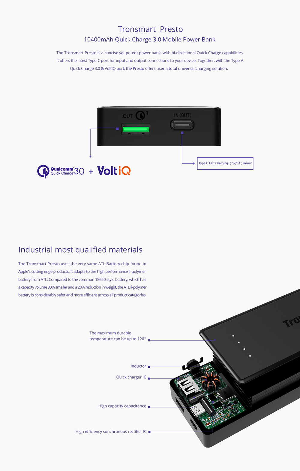 Tronsmart Presto 33W Quick Charge 3.0 Type C 10400mAh Power Bank 1 Quick Charge Compatible with Quick Charge 2.0 and 1 Type-C Port - Black