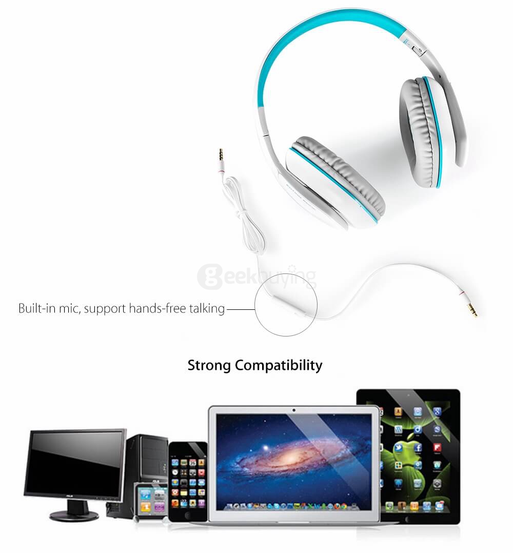 KOTION EACH B3506 Foldable Bluetooth 4.1 Gaming Headsets with MIC - White/Blue