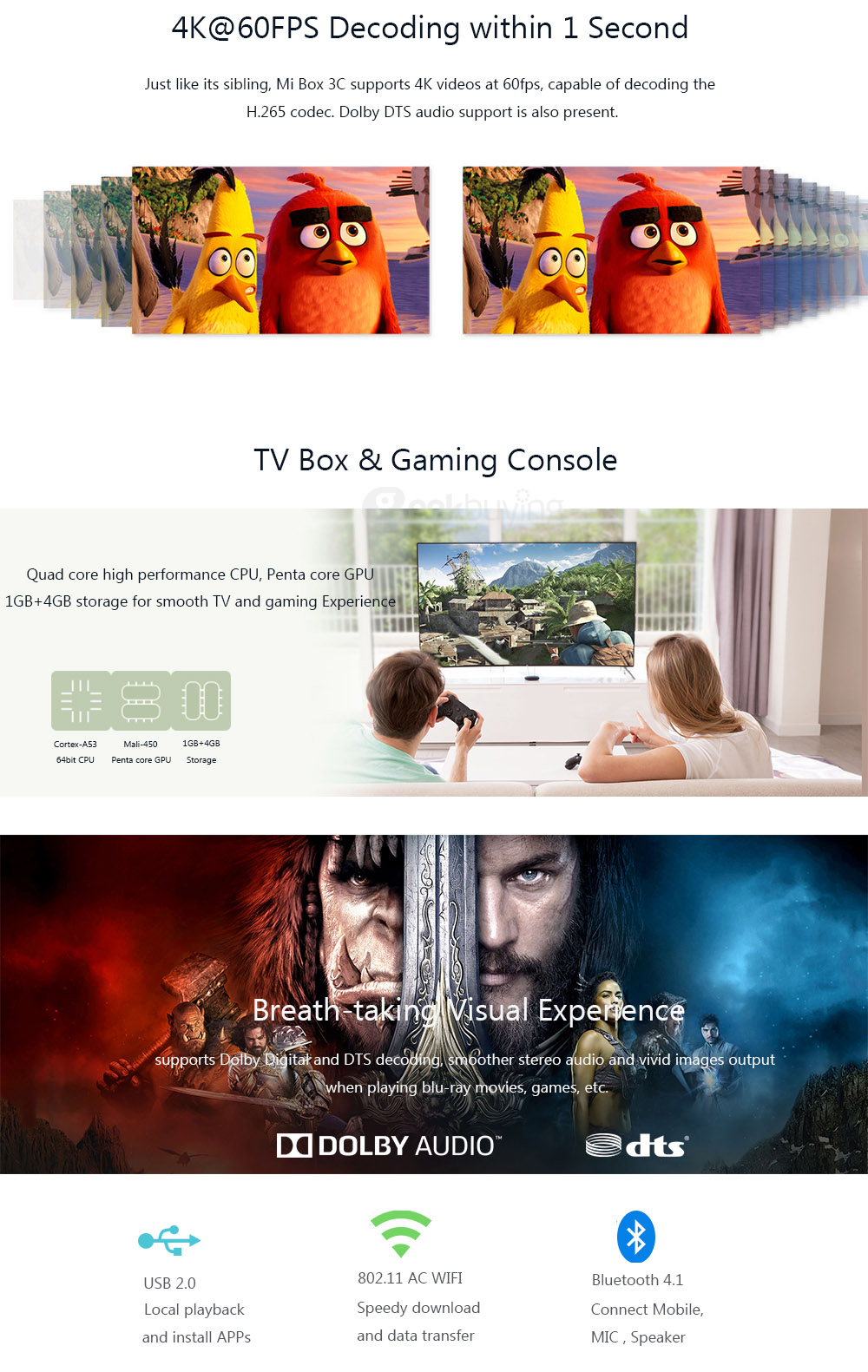 Original XIAOMI Mi Box 3C Patchwall 4K Android Media Player Android 5.0 Amlogic S905 1G/4G 802.11a/b/g/n/ac Dolby DTS HDMI