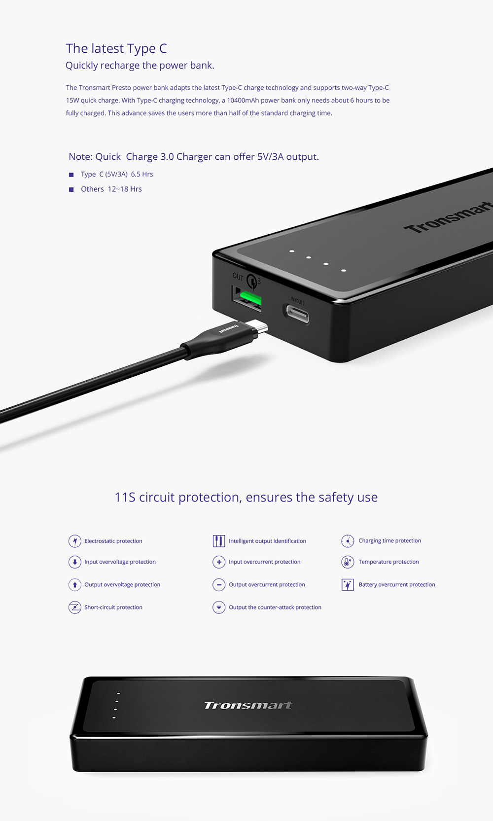 Bundle Tronsmart Presto 33W Quick Charge 3.0 Type C 10400mAh Power Bank + Tronsmart 36W Quick Charge 2.0 2 Ports Rapid Wall Charger US Plug