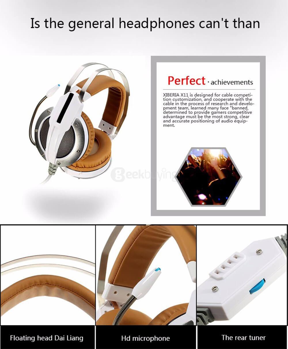 Xiberia X11 Over-ear USB LED Gaming Headsets with Microphone Super Bass 3.5mm Plug - White
