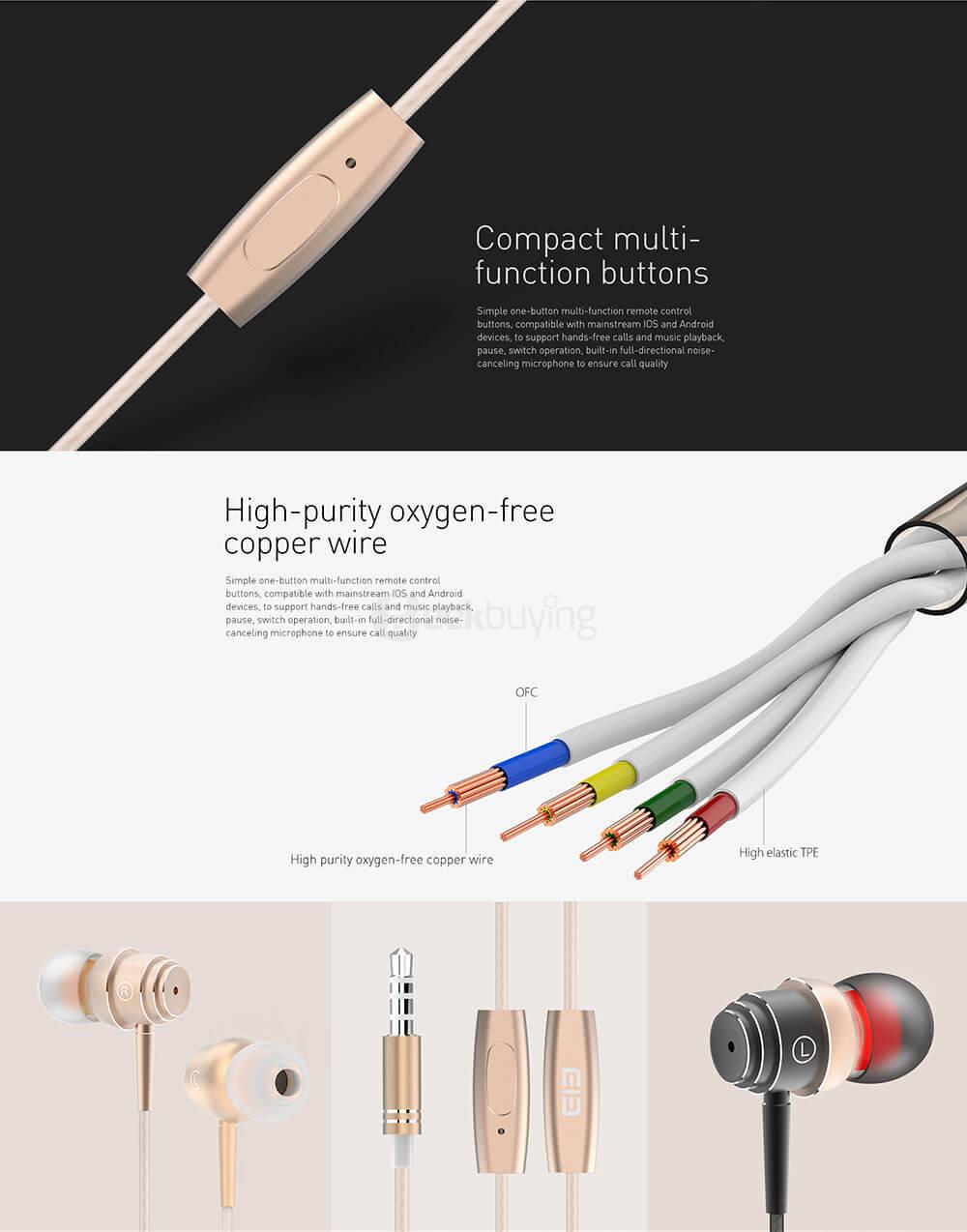 Elephone E1 In-ear HiFi Music Earphones In-line Control Noise Reduction Super Bass Ergonomic Design - Gold