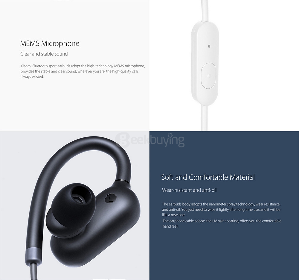 Original Xiaomi Wireless Bluetooth 4.1 Music Sport Earbuds Ear-hook Design IPX4 Waterproof Wired Control - White