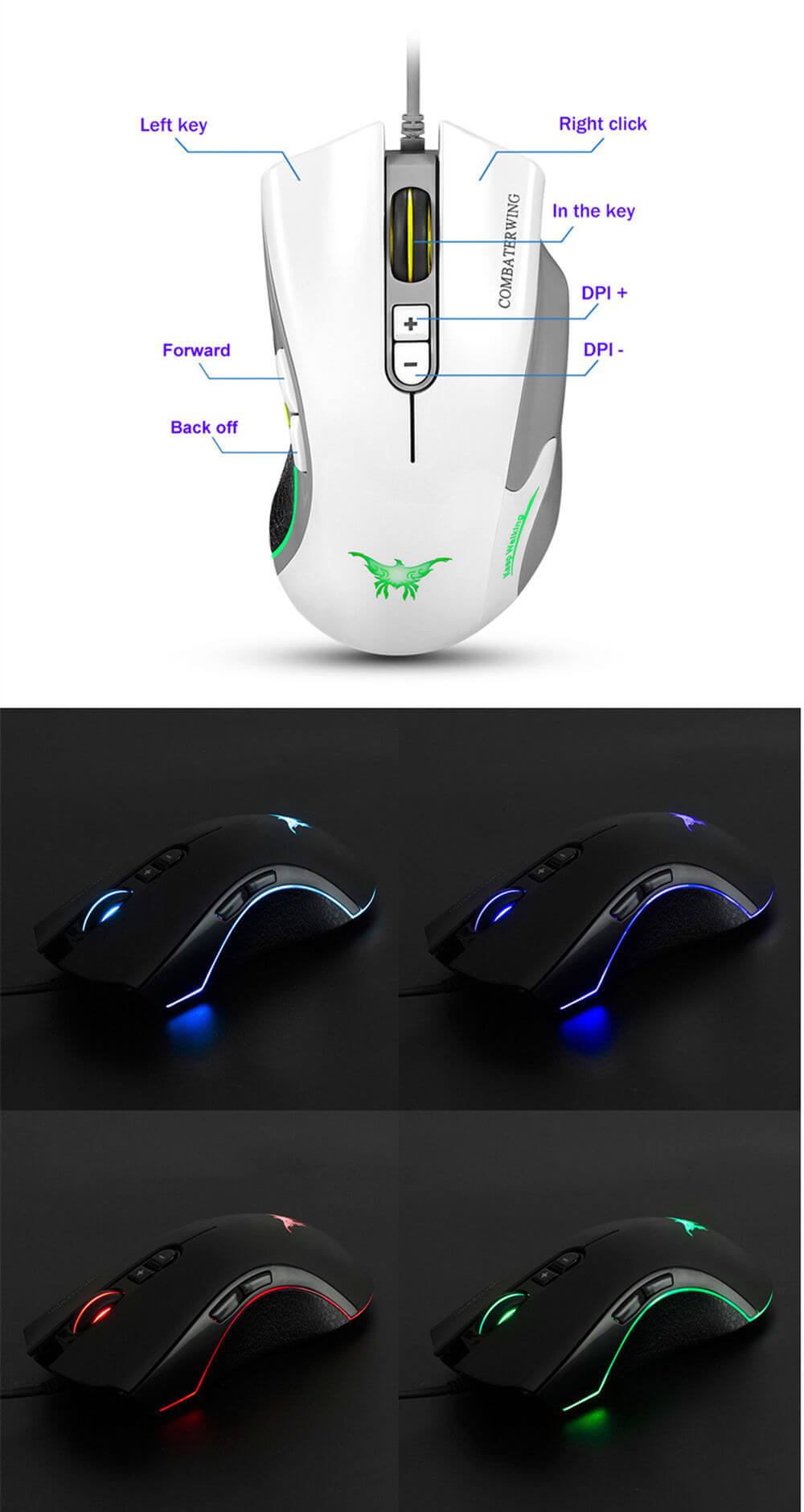 Combaterwing CW10 Professional Gaming Mouse USB Wired 4800DPI 7 Buttons 6 Colors Breathing LED - White