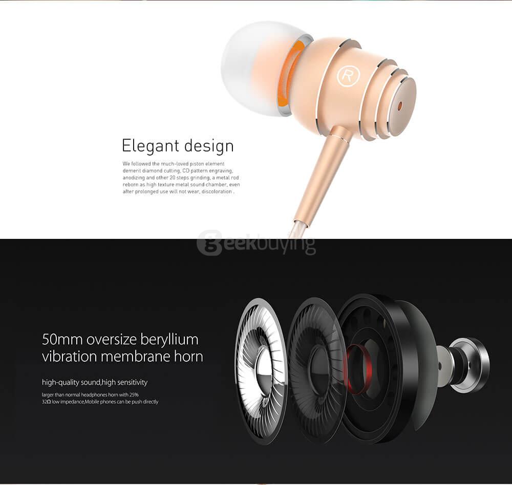 Elephone E1 In-ear HiFi Music Earphones In-line Control Noise Reduction Super Bass Ergonomic Design - Gold