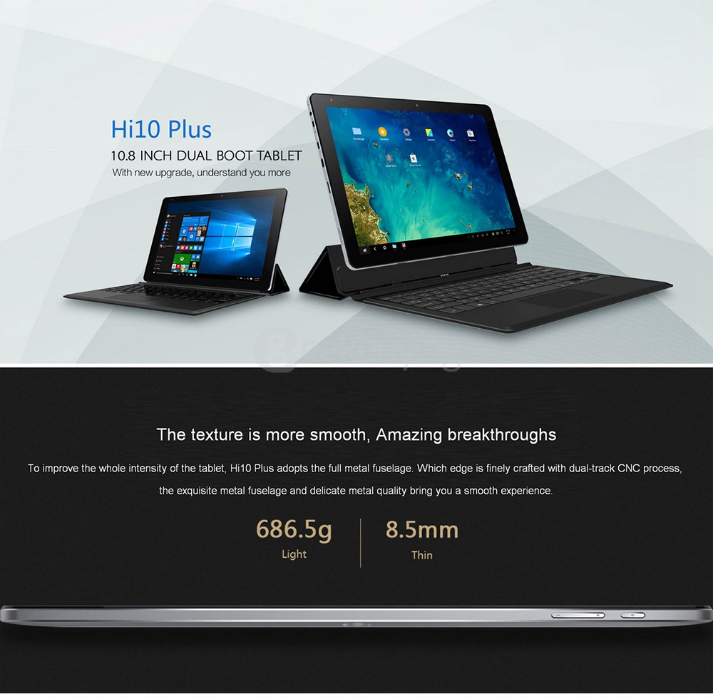 CHUWI Hi10 Plus Tablet PC Dual OS Windows 10 + Android 5.1 10.8 inch Intel Atom X5 Z8350 Quad Core 1.92GHz 4GB/64GB IPS 1920*1280 Type-C - Gray