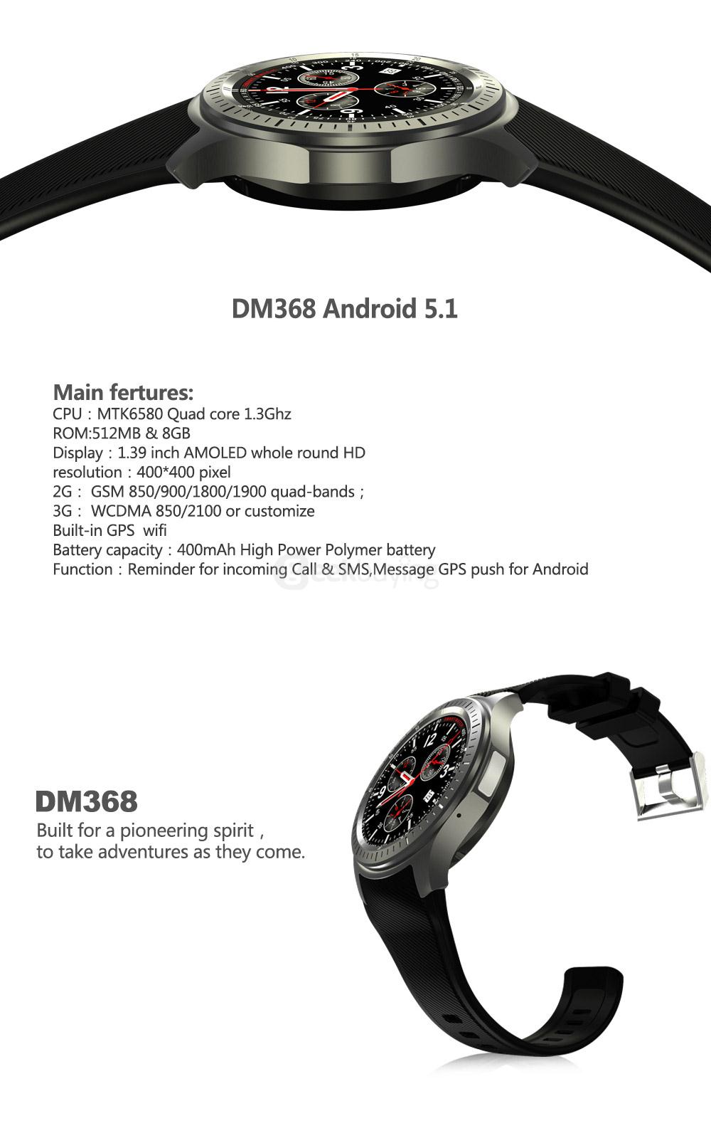 Makibes DM368 Bluetooth 4.0 3G Smart Watch Phone Android 5.1 MTK6580 Quad Core 1.3GHz 512MB/8GB WiFi GPS Heart Rate Monitor - White
